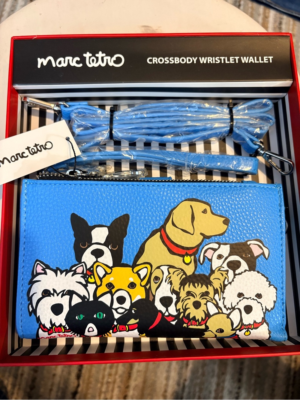NWT Marc Tetro Blue Dog Group Crossbody Wristlet Wallet new in box